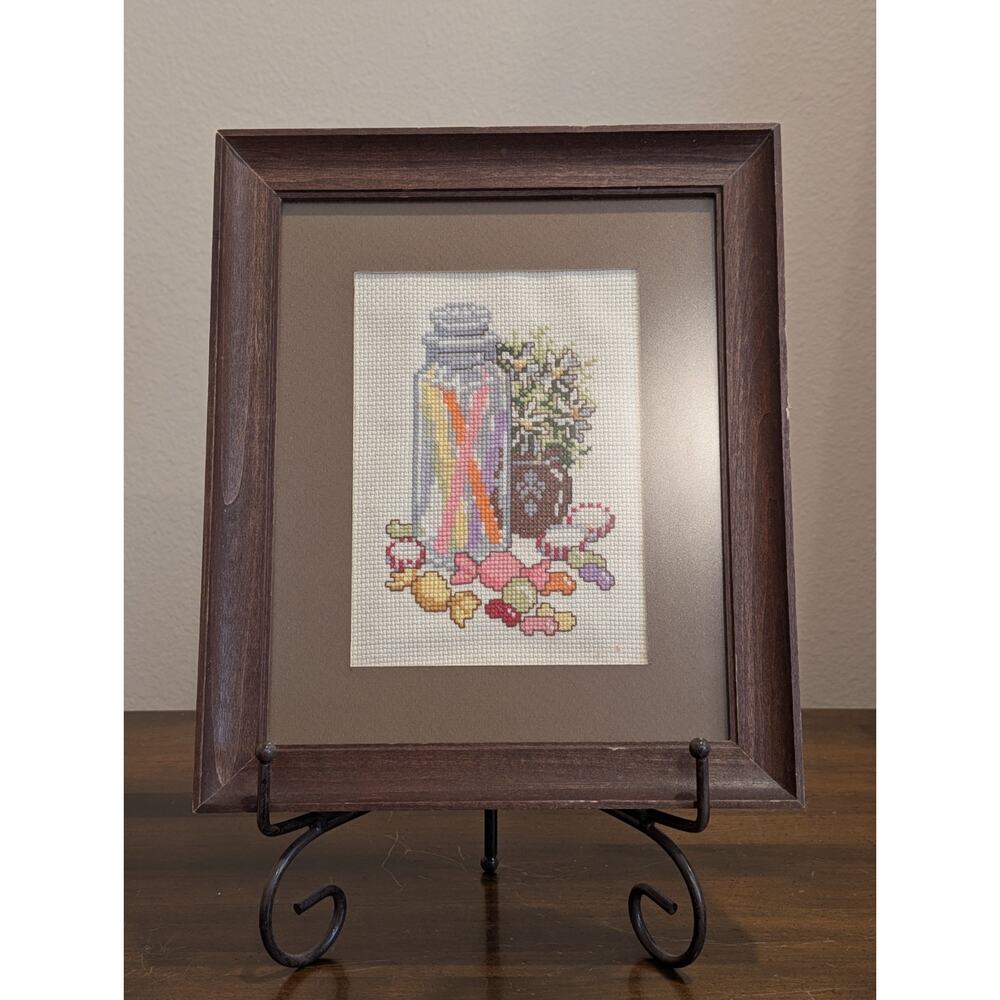 Vintage Framed Matted Candy Jar Cross Stitch Needlepoint Kitchy Colorful 9"x 11"